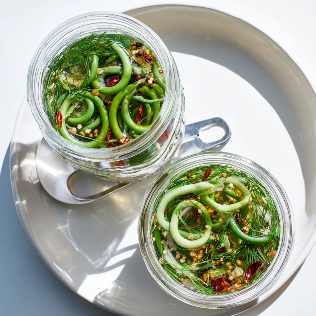 Vibrant green pickled garlic scapes with red pepper spices preserved in clear vinegar brine, ready for charcuterie boards and snacking
