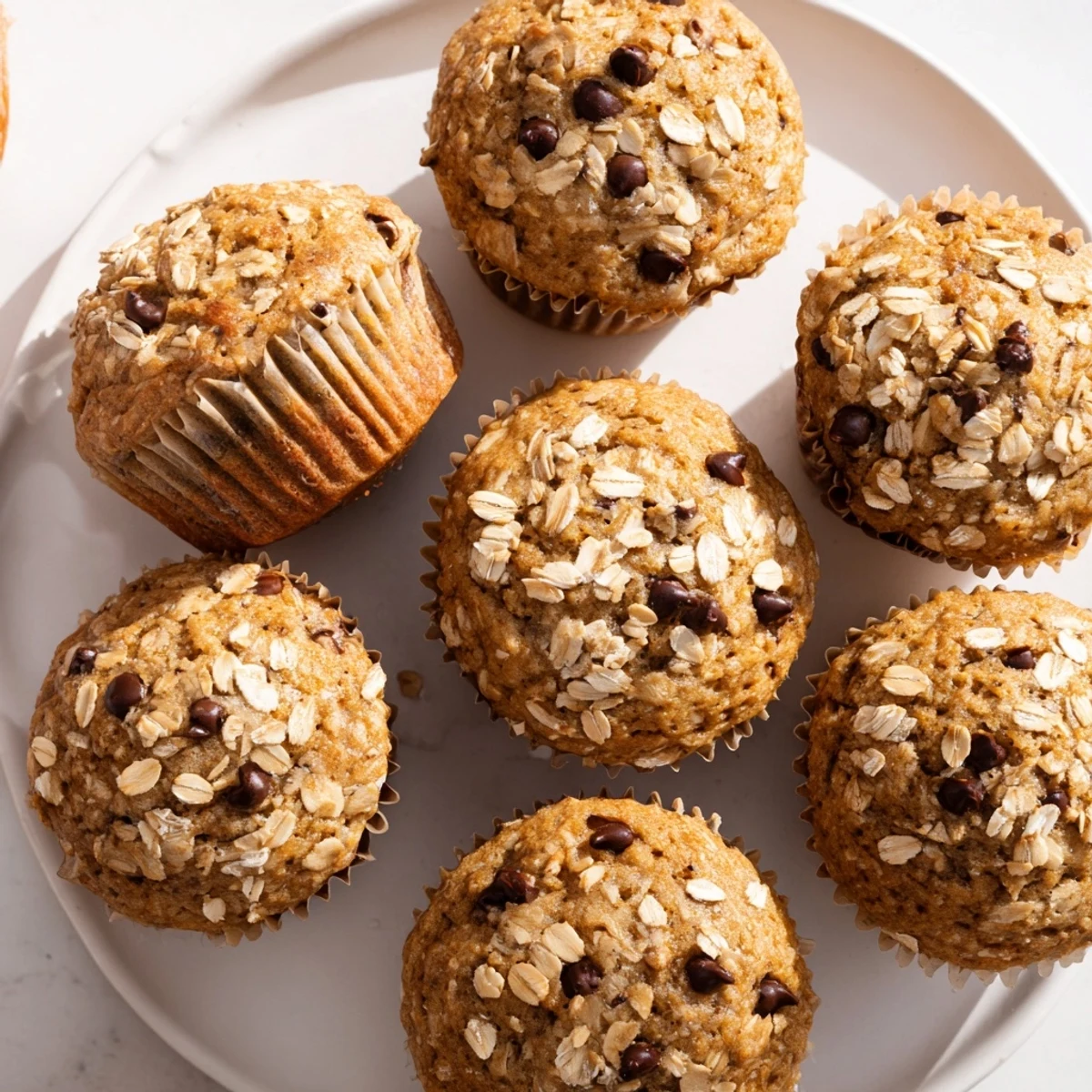Golden banana chocolate chip muffins with oats fresh from the oven on a wire rack