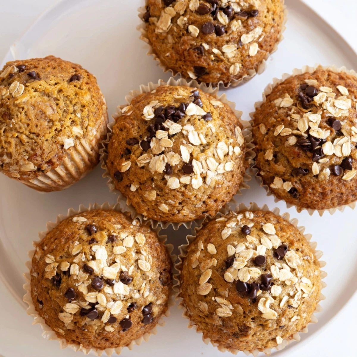 Soft banana muffins studded with semi-sweet chocolate chips and wholesome oats, ready to serve