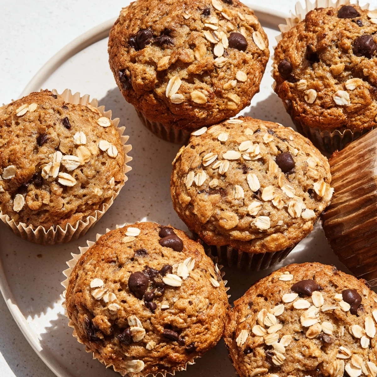 Moist breakfast muffins topped with melting chocolate chips and hearty rolled oat texture