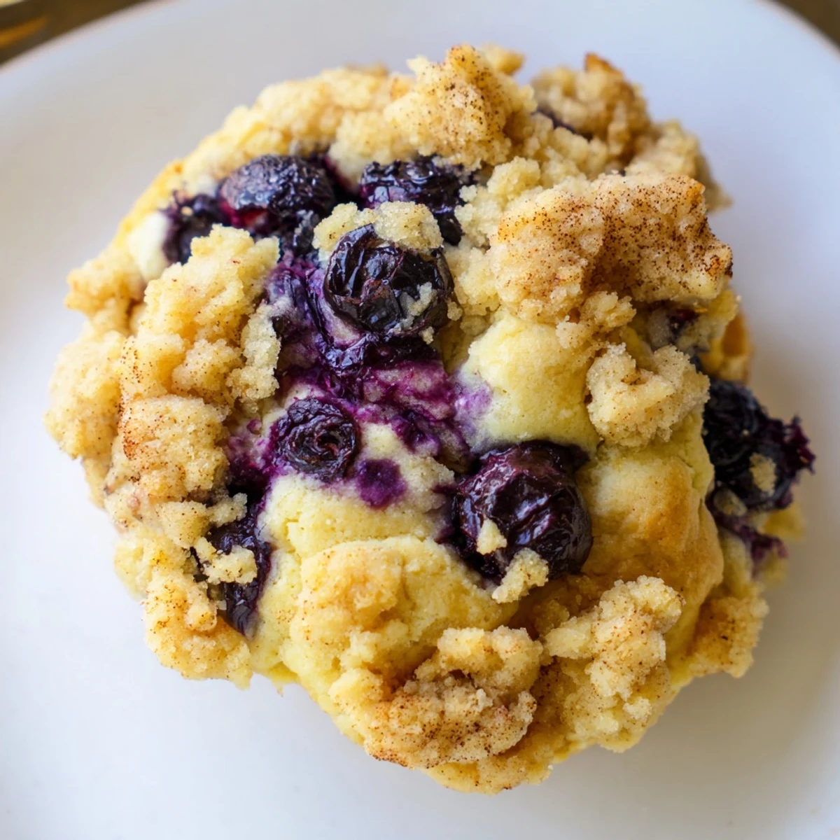 Soft blueberry muffin cookies topped with buttery cinnamon streusel on a white plate