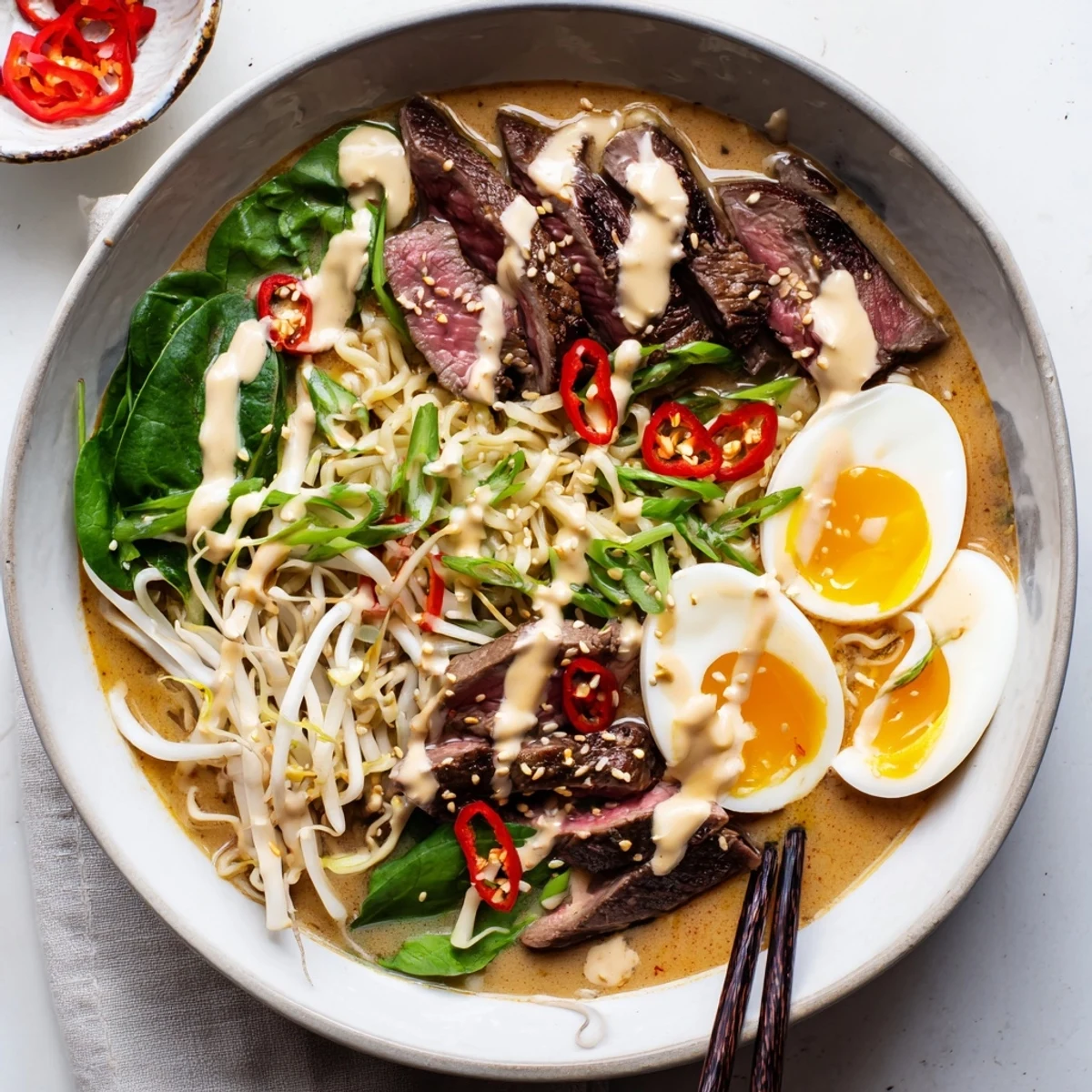 Rich spicy beef ramen featuring marinated beef slices swimming in savory garlic cream broth with fresh garnishes