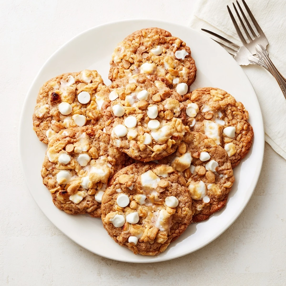 Golden bakery-style Marshmallow Crispy Cookies stacked on a wooden board with melted marshmallows visible