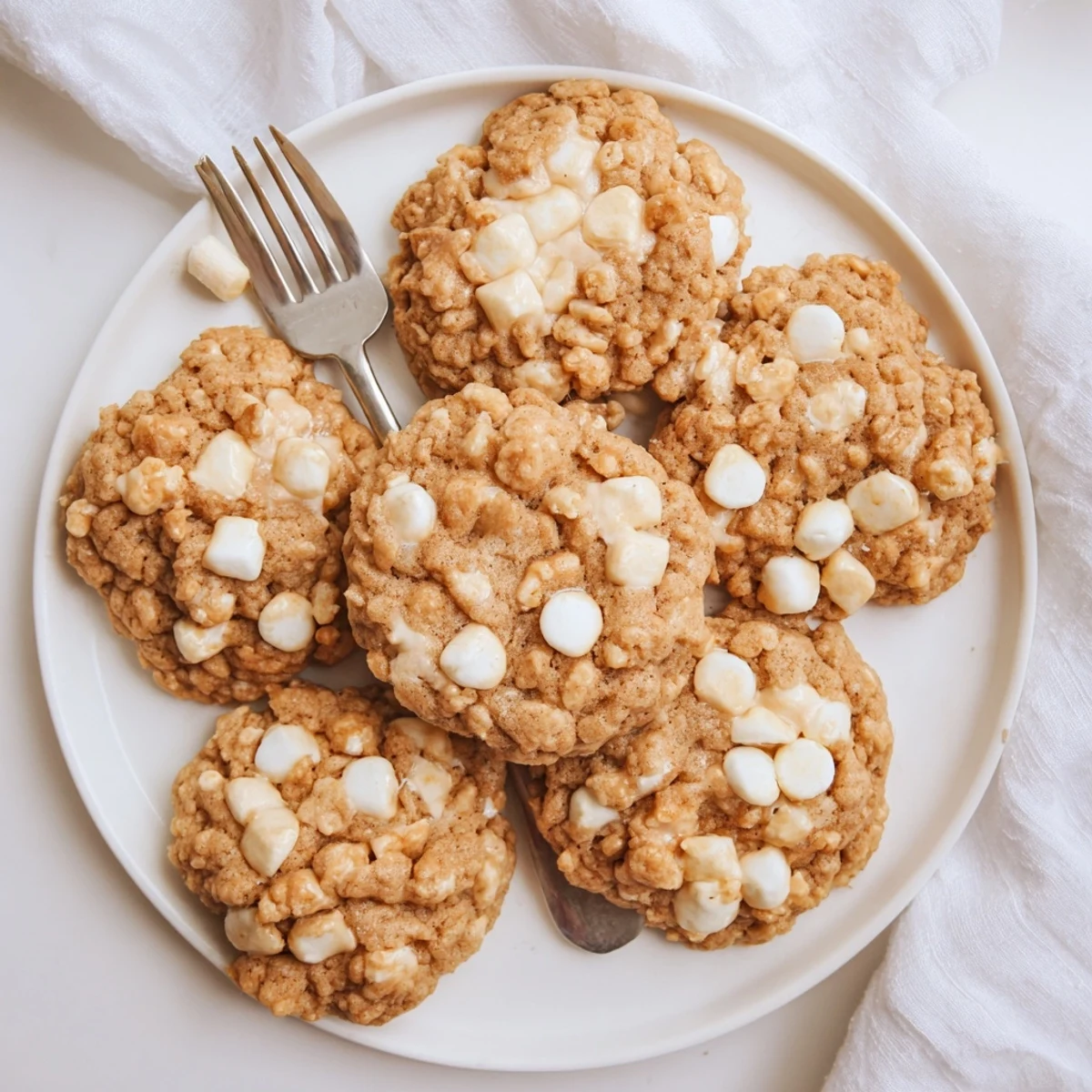 Warm Marshmallow Crispy Cookies with golden edges and fluffy marshmallow topping on a parchment-lined baking sheet