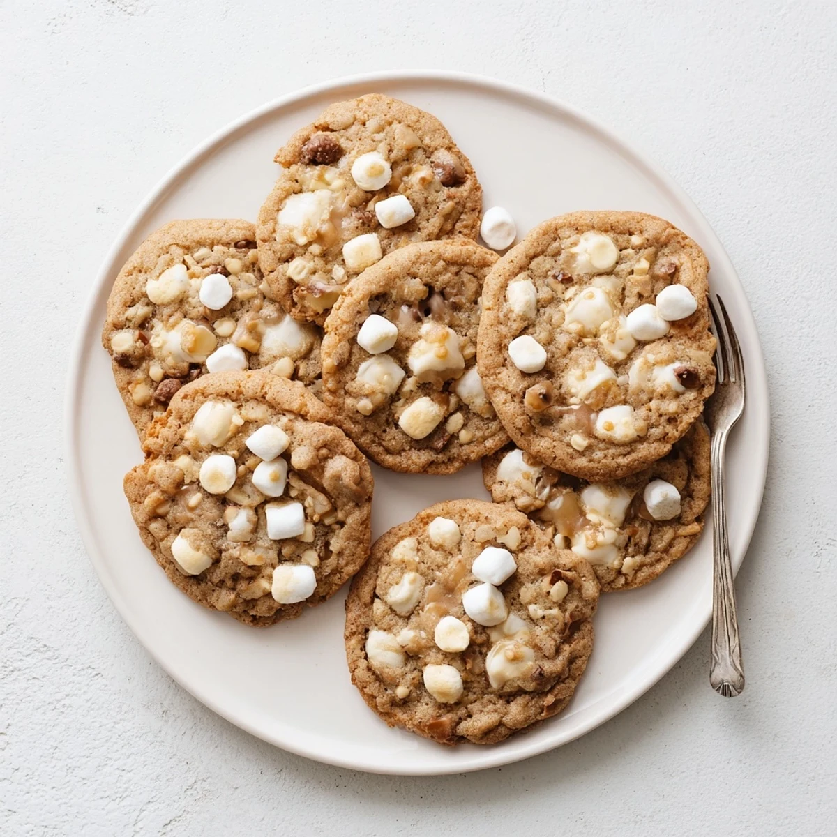 Freshly baked Marshmallow Crispy Cookies with gooey marshmallow bits and crispy rice texture on a white plate