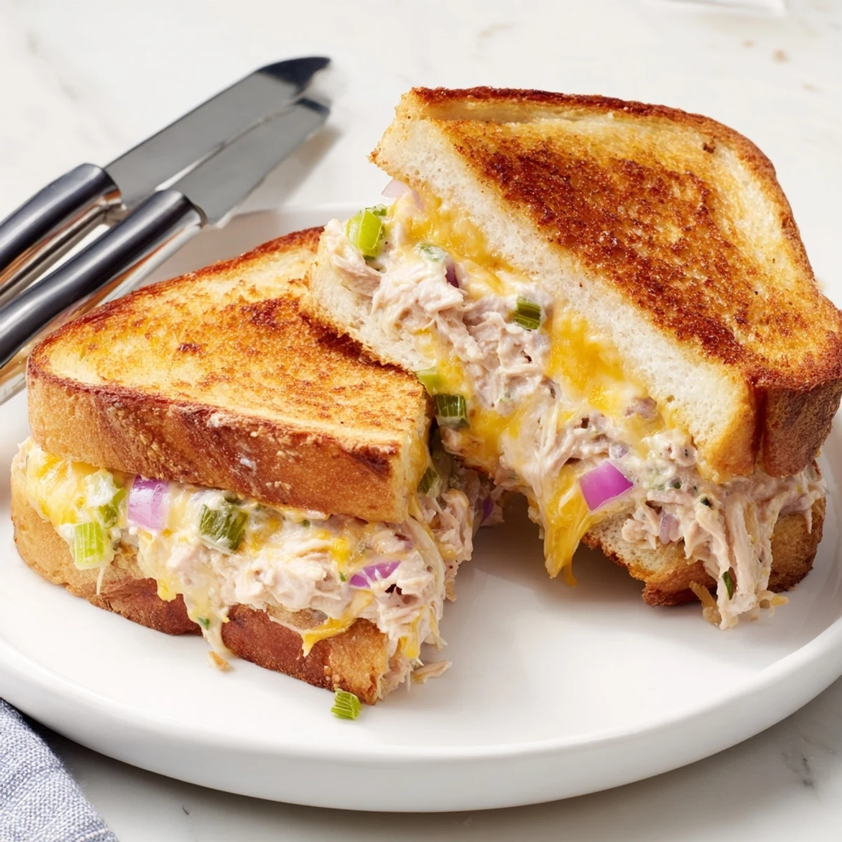 Classic American tuna melt cut in half revealing layers of melted cheese and savory tuna salad on sourdough