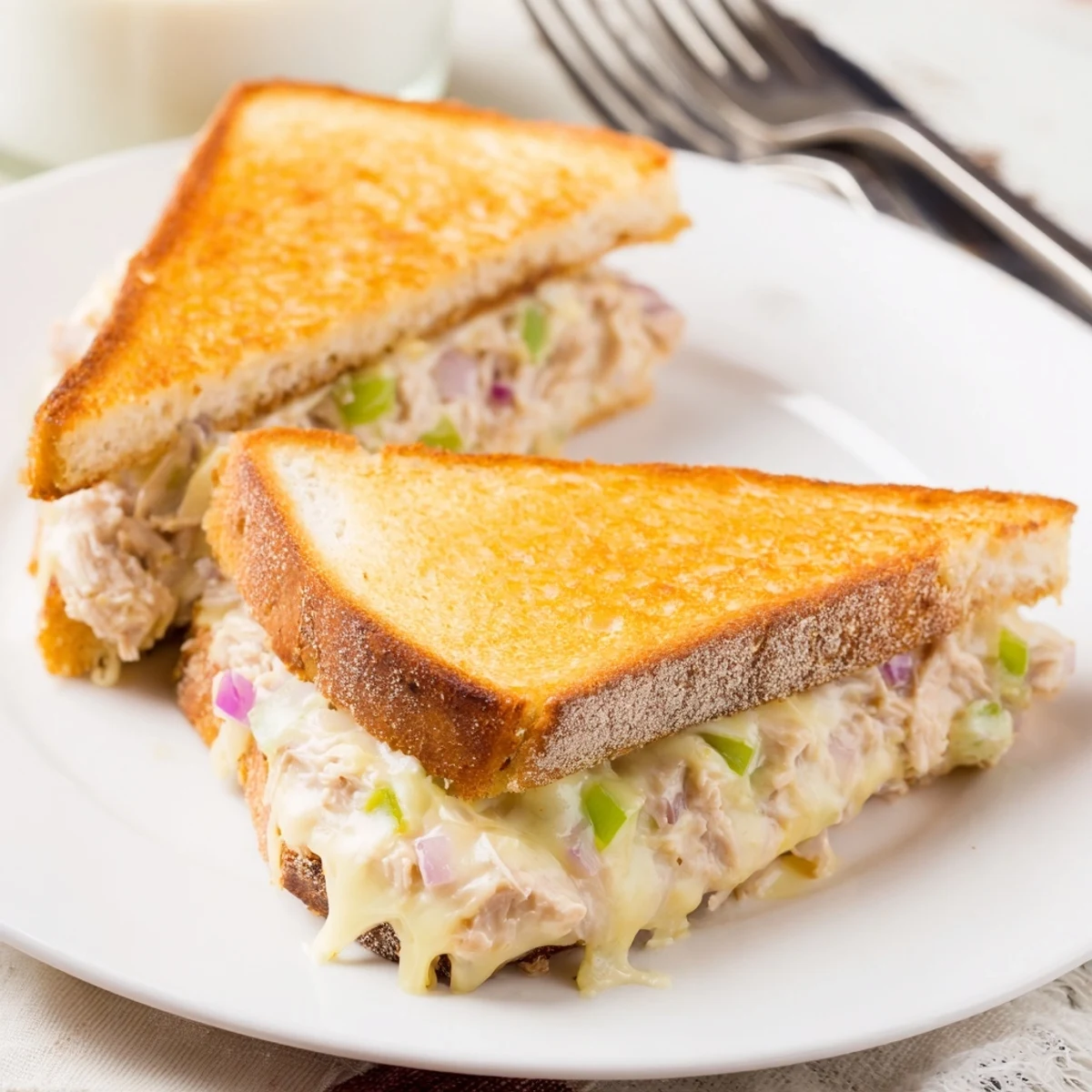 Open-faced tuna melt sandwich stacked with tuna salad, tomato slices, and bubbling cheddar cheese grilled to perfection