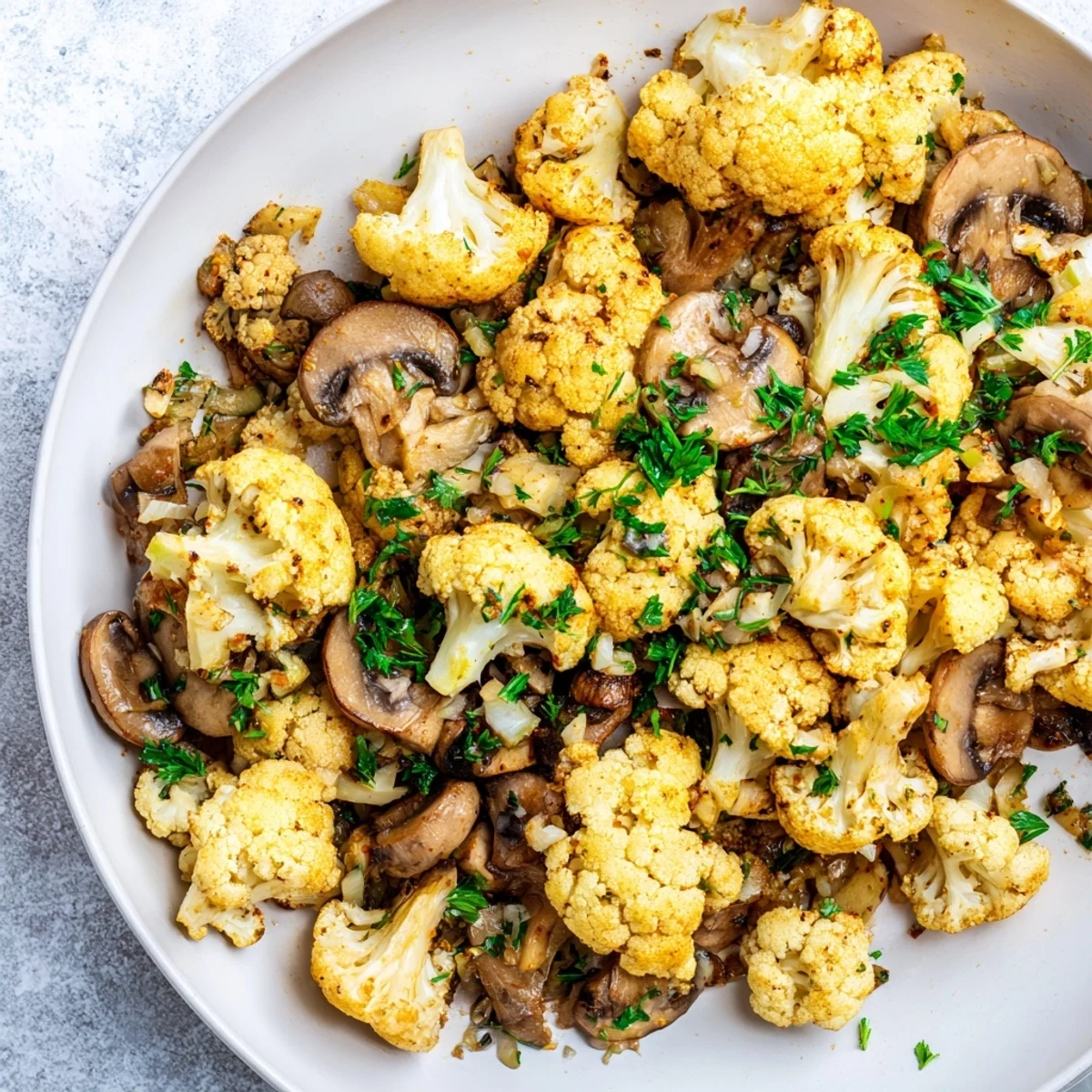 Golden cauliflower florets and browned mushrooms sautéed with garlic in a cast iron skillet