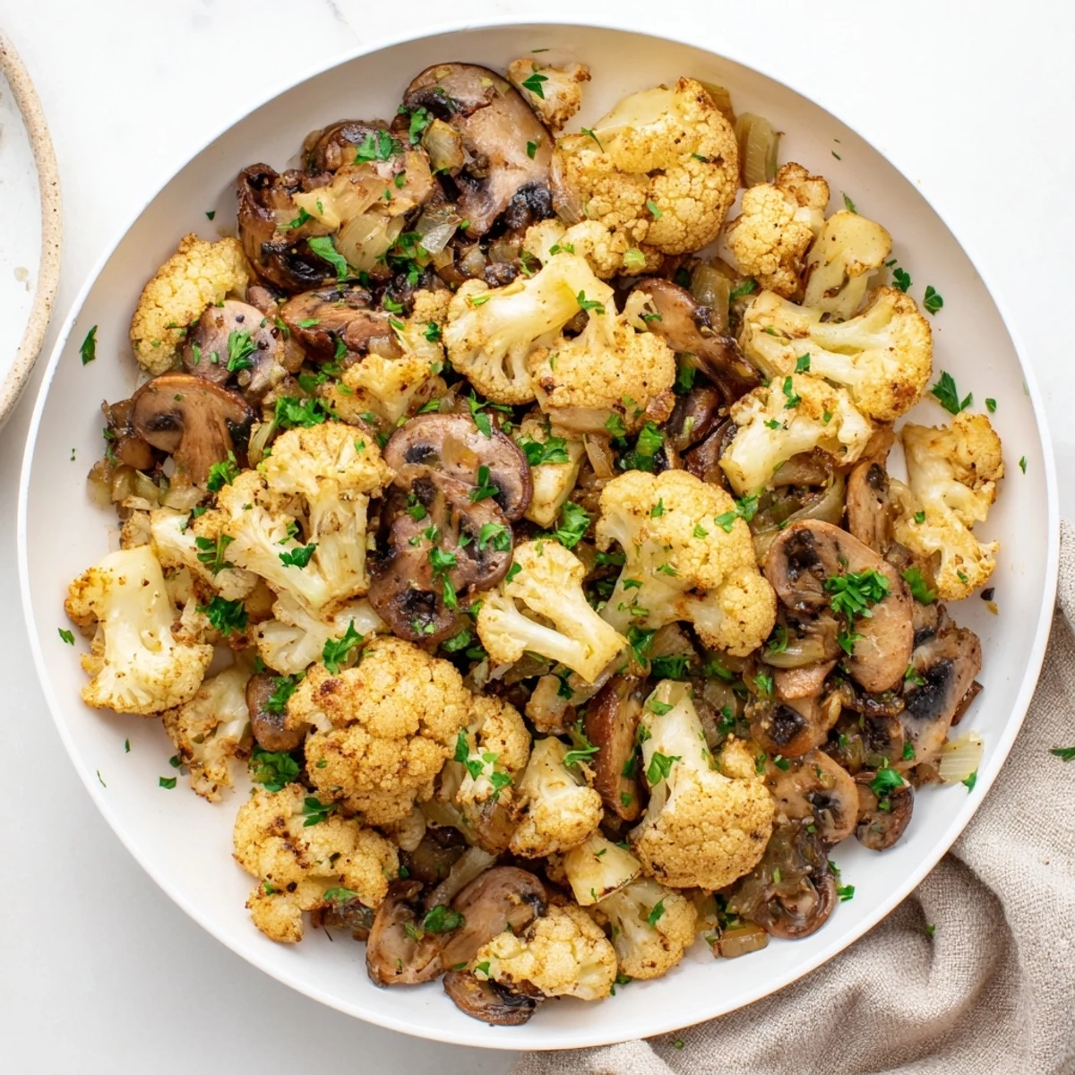 Vegetarian skillet featuring tender roasted cauliflower and mushrooms seasoned with smoked paprika and herbs