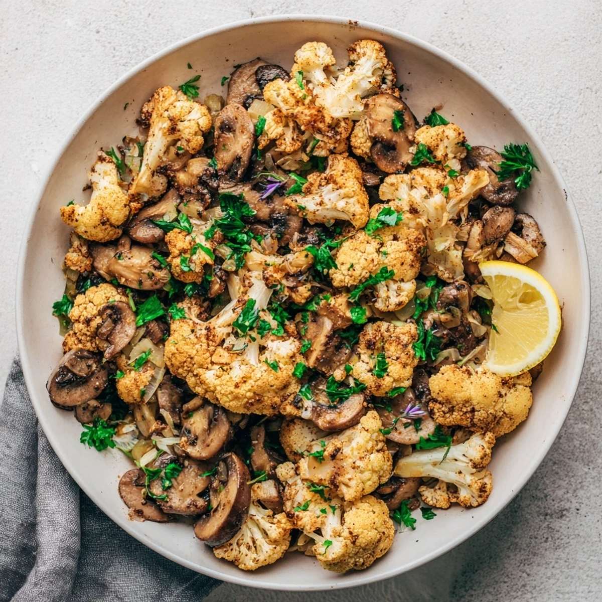 Savory garlic mushrooms and cauliflower skillet garnished with fresh parsley and lemon wedges