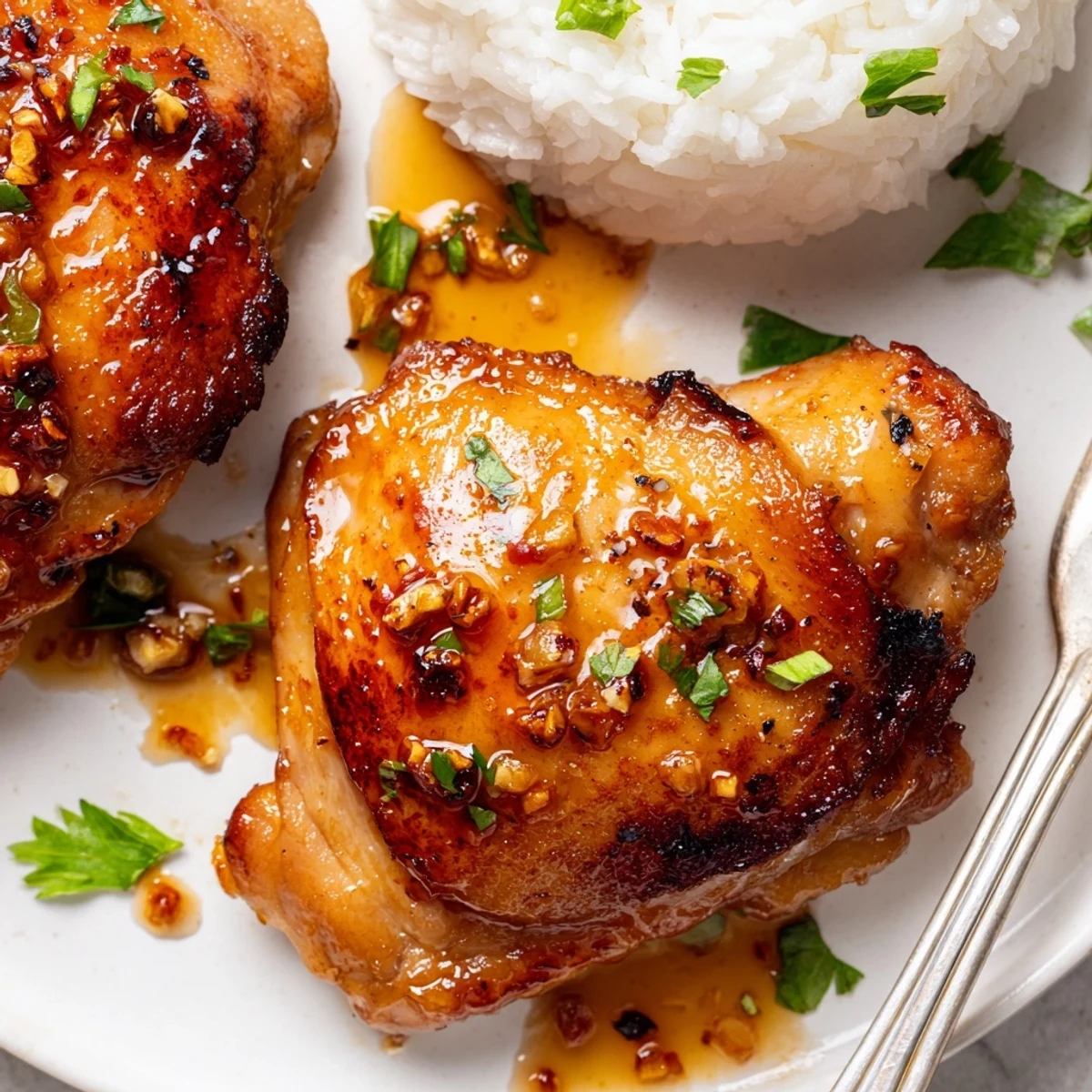 A skillet of Sweet And Sticky Honey Butter Chicken Thighs, caramelized edges