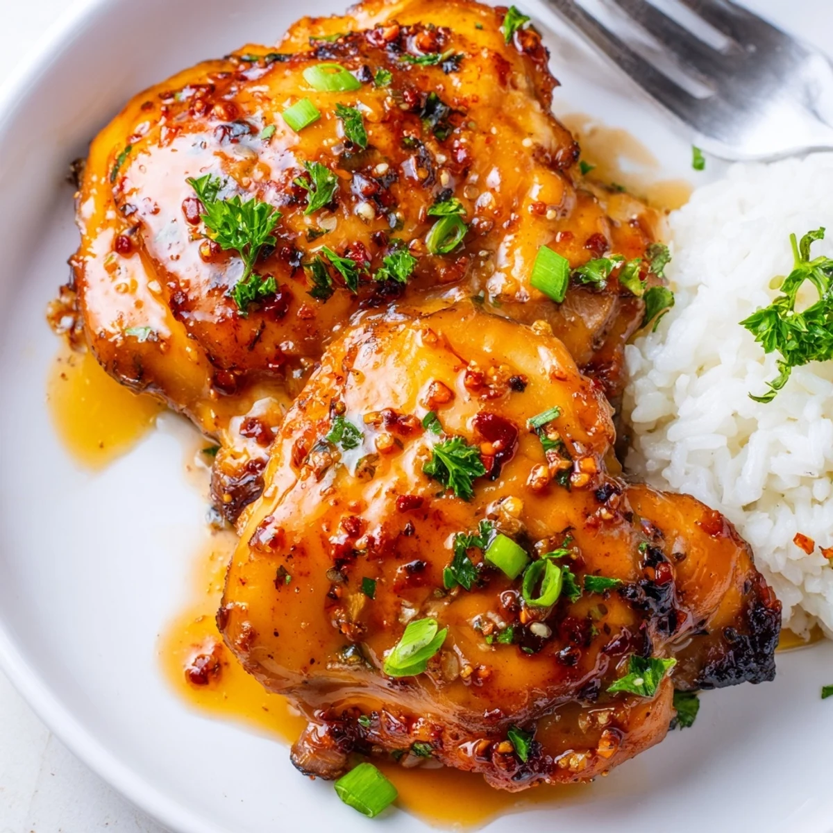 Sweet And Sticky Honey Butter Chicken Thighs glazed, glossy and served over rice
