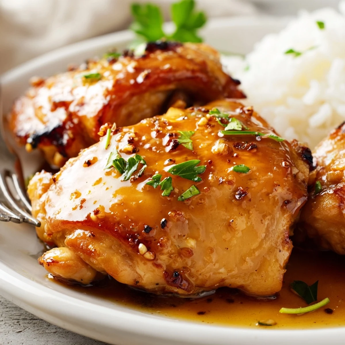 Oven-baked Sweet And Sticky Honey Butter Chicken Thighs, garnished with fresh parsley