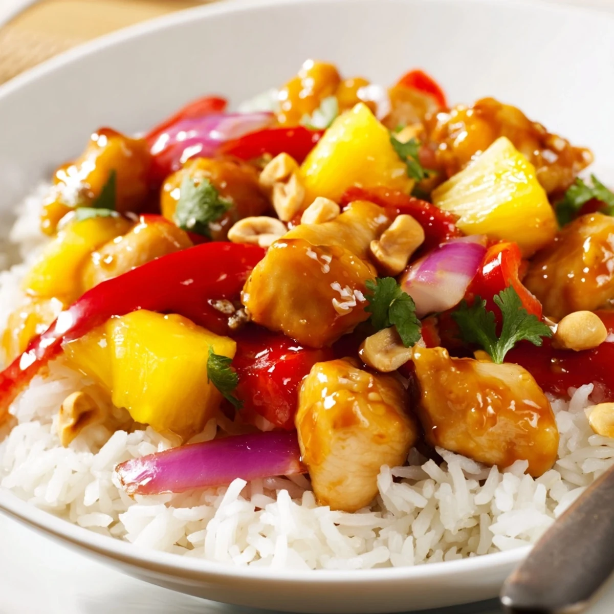 Skillet of Tropical Sweet And Spicy Chicken Rice Delight, glossy sauce, cilantro