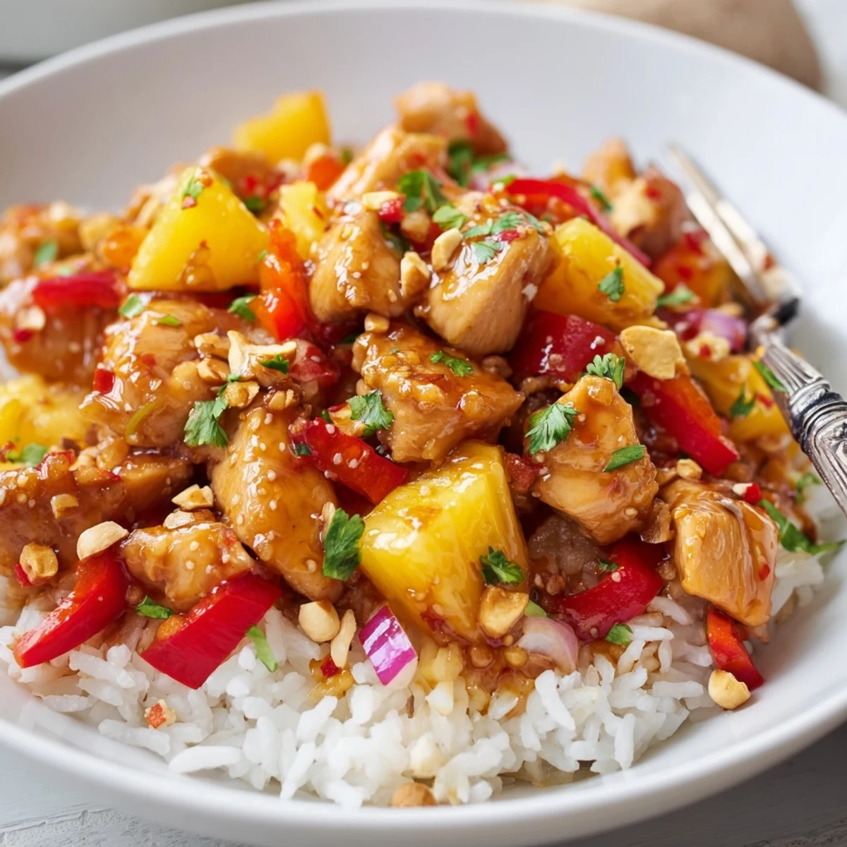 Bright Tropical Sweet And Spicy Chicken Rice Delight over fluffy rice, juicy pineapple