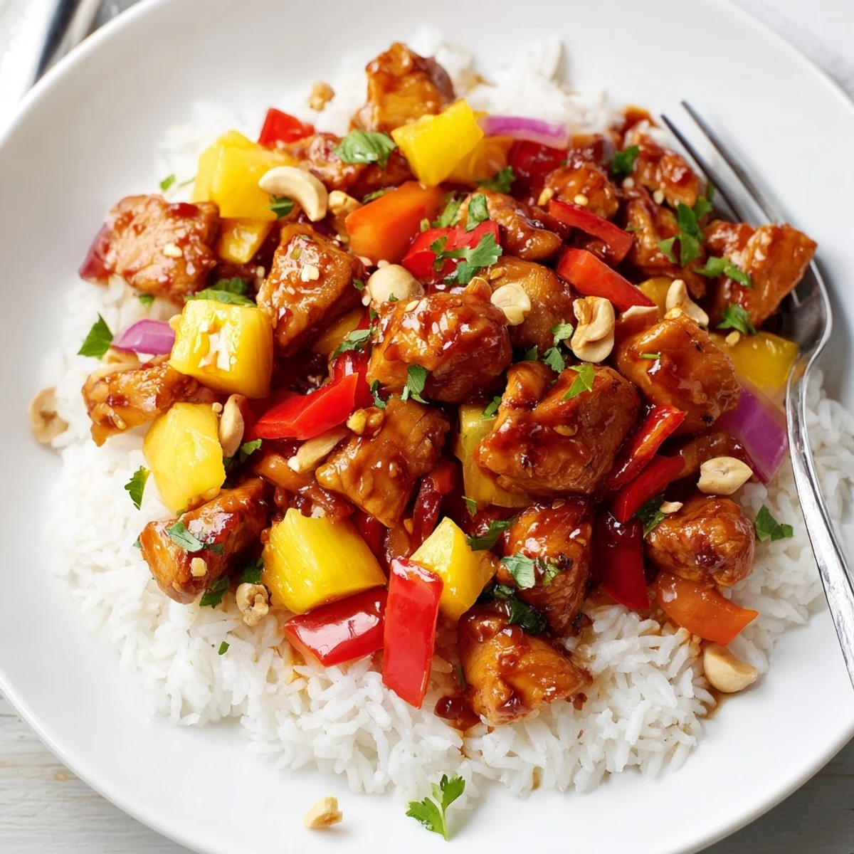 Family-style Tropical Sweet And Spicy Chicken Rice Delight, spicy-sweet aroma, crunchy cashews