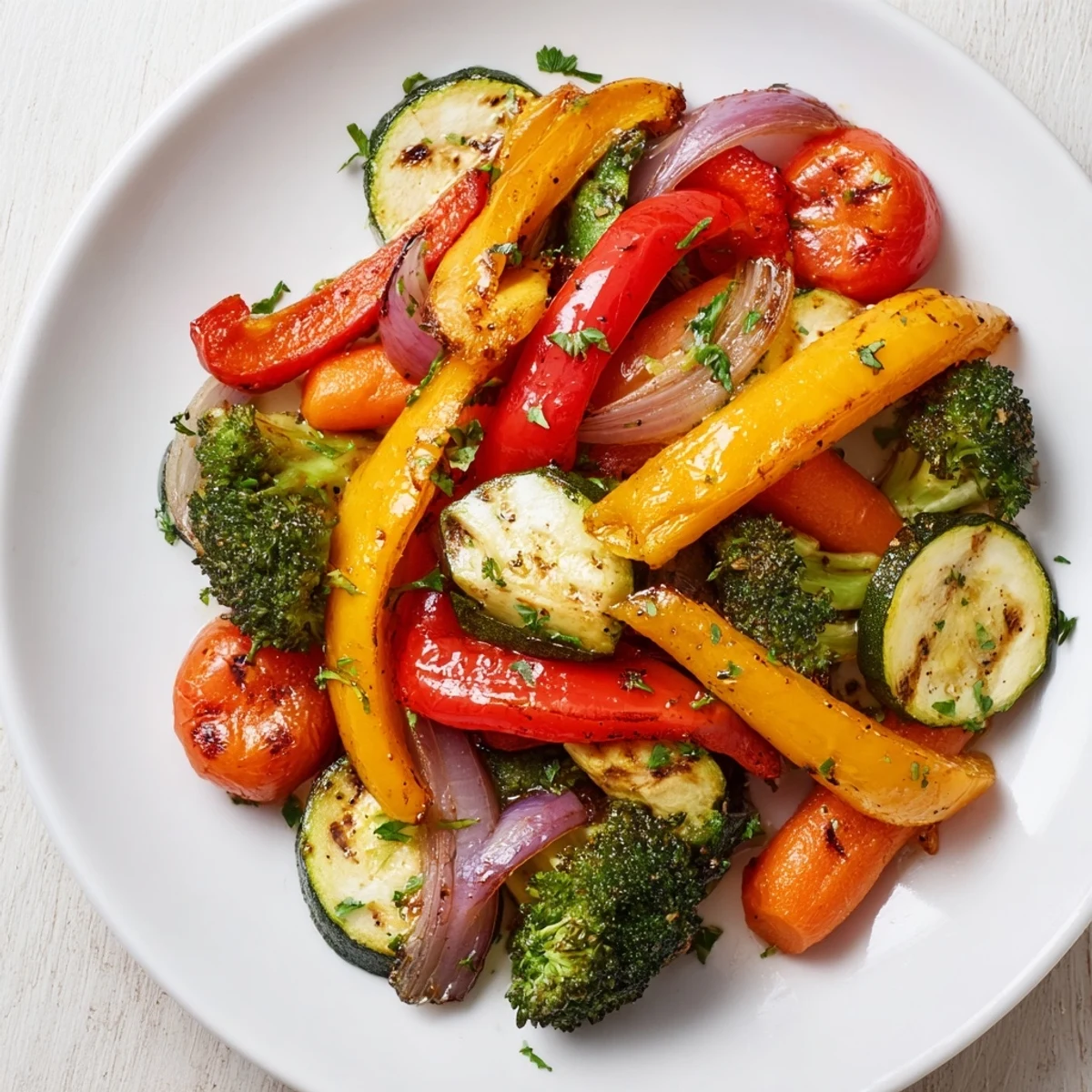 Pan of Garlic Infused Olive Oil Sauteed Veggies, glossy and aromatic, served warm