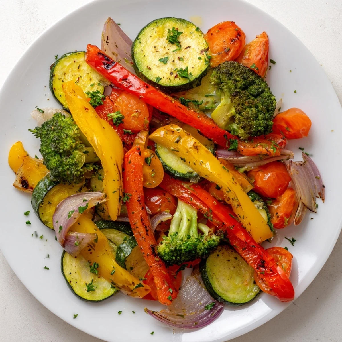 Bright Garlic Infused Olive Oil Sauteed Veggies with charred edges, herb-garnished