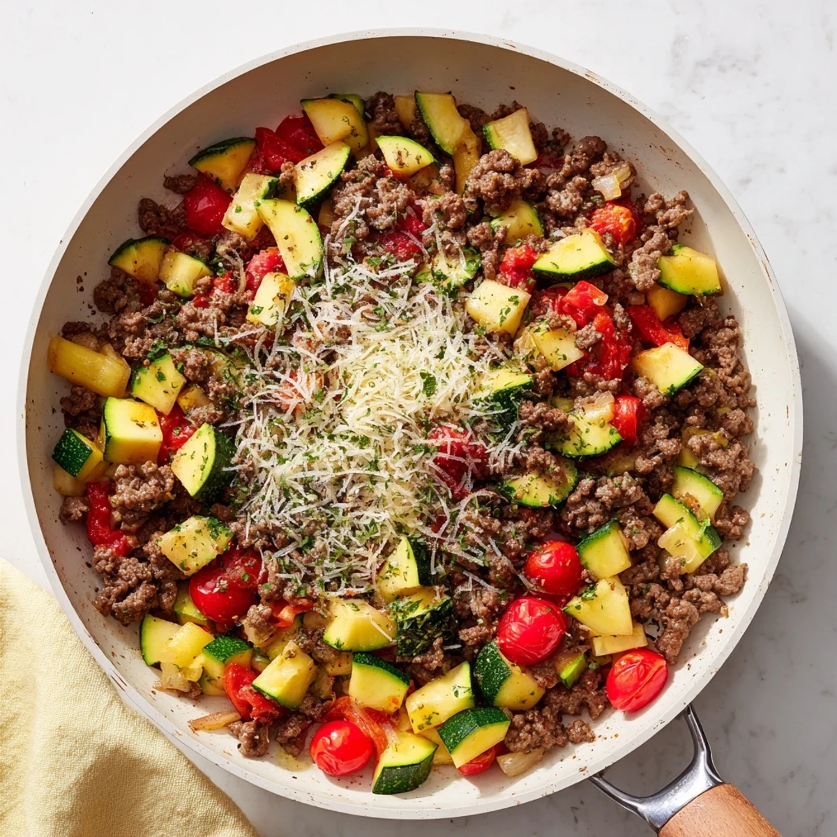 Golden brown ground beef zucchini skillet loaded with colorful vegetables and melted cheese topping