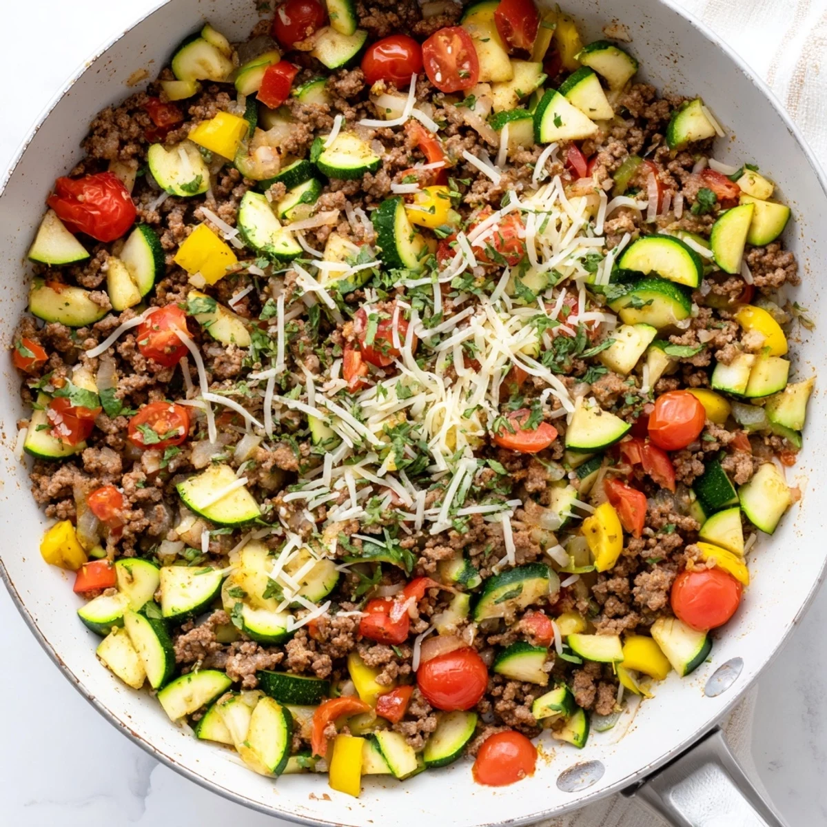 Hearty one-pan ground beef zucchini skillet featuring tender squash, diced tomatoes, and savory herbs