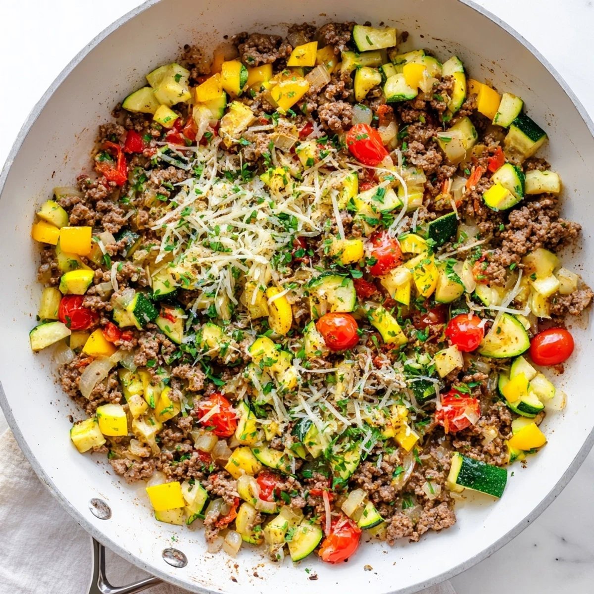 Sizzling ground beef zucchini skillet garnished with fresh parsley and parmesan cheese in a cast iron pan