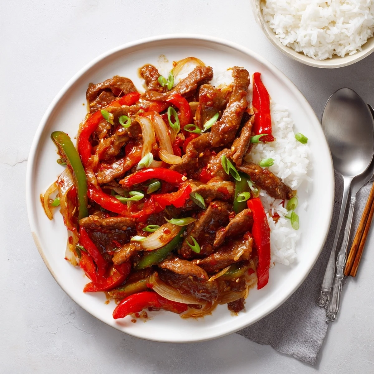 Sizzling spicy beef stir fry with chili garlic served over fluffy white jasmine rice
