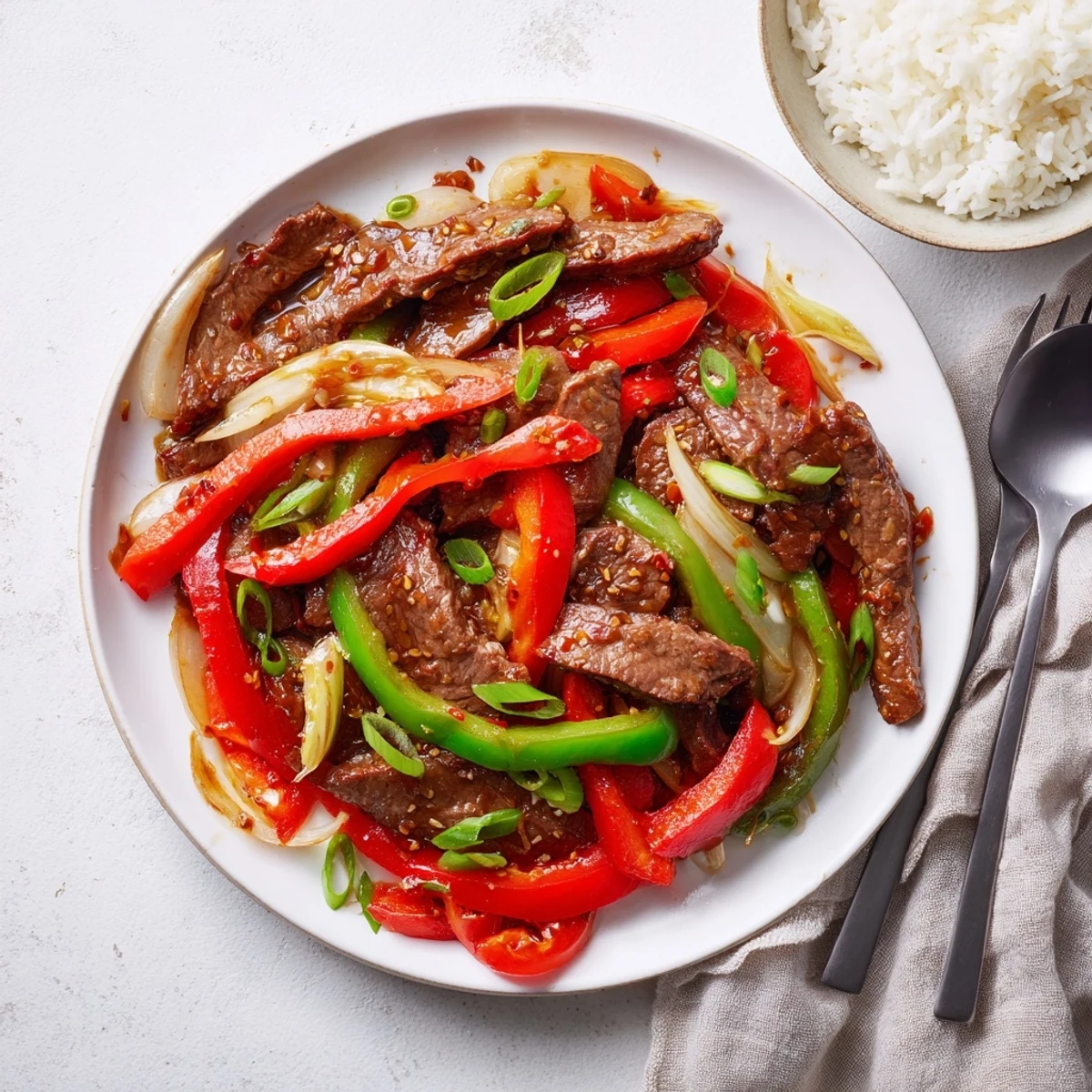 Tender beef strips with crisp vegetables in a glossy red Asian chili garlic sauce