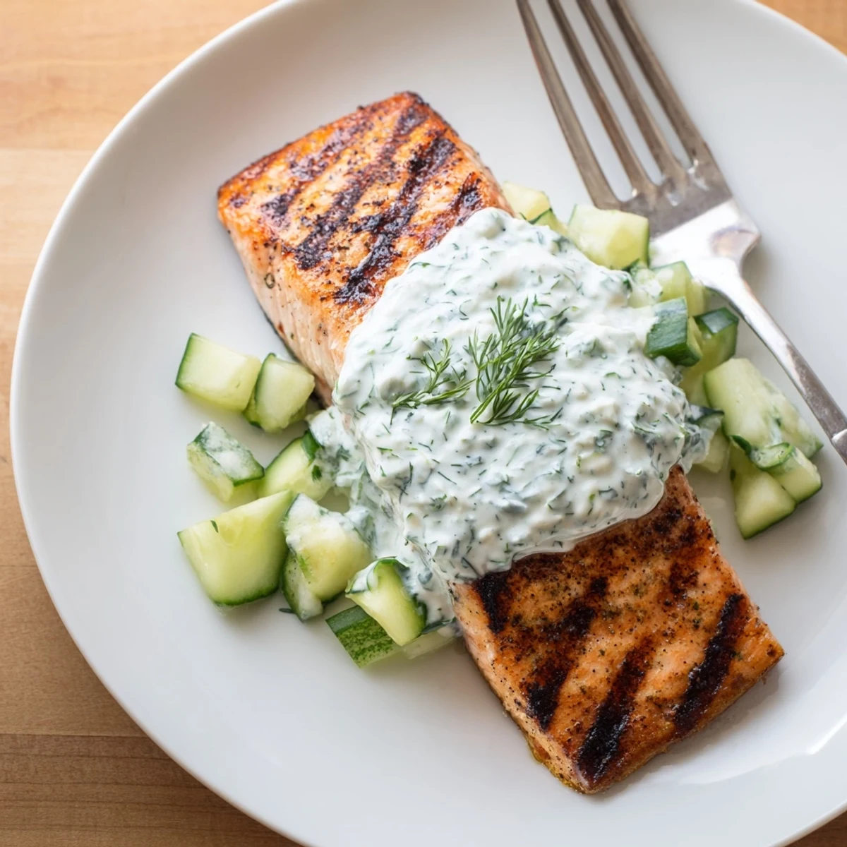 Perfectly grilled lemon herb salmon fillets with char marks topped with creamy cucumber dill sauce