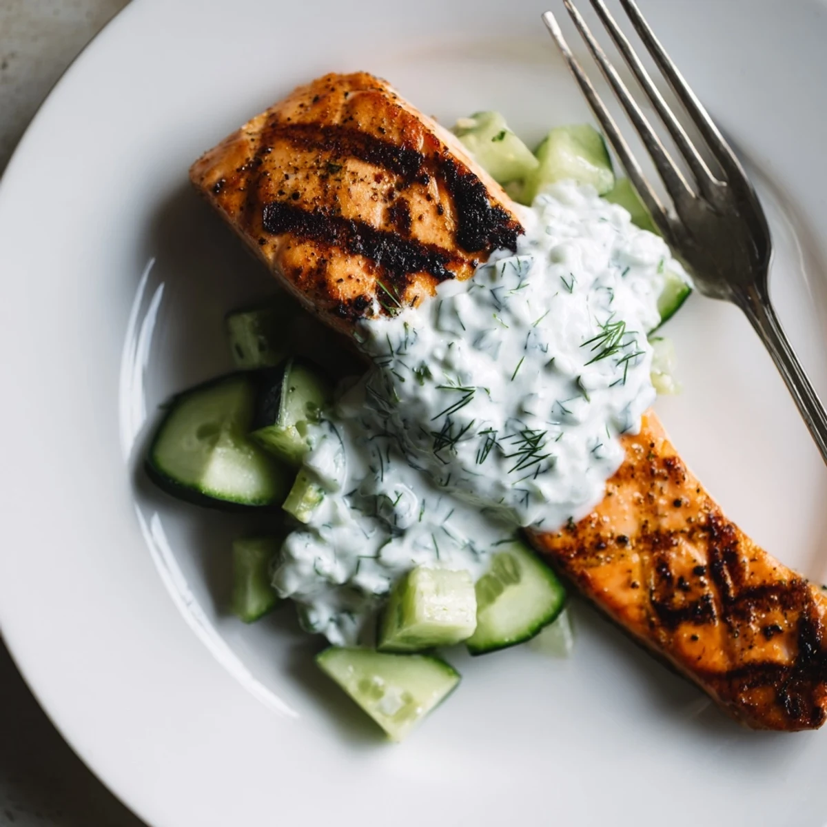 Fresh salmon marinated in lemon and herbs served alongside cool yogurt cucumber dill dipping sauce