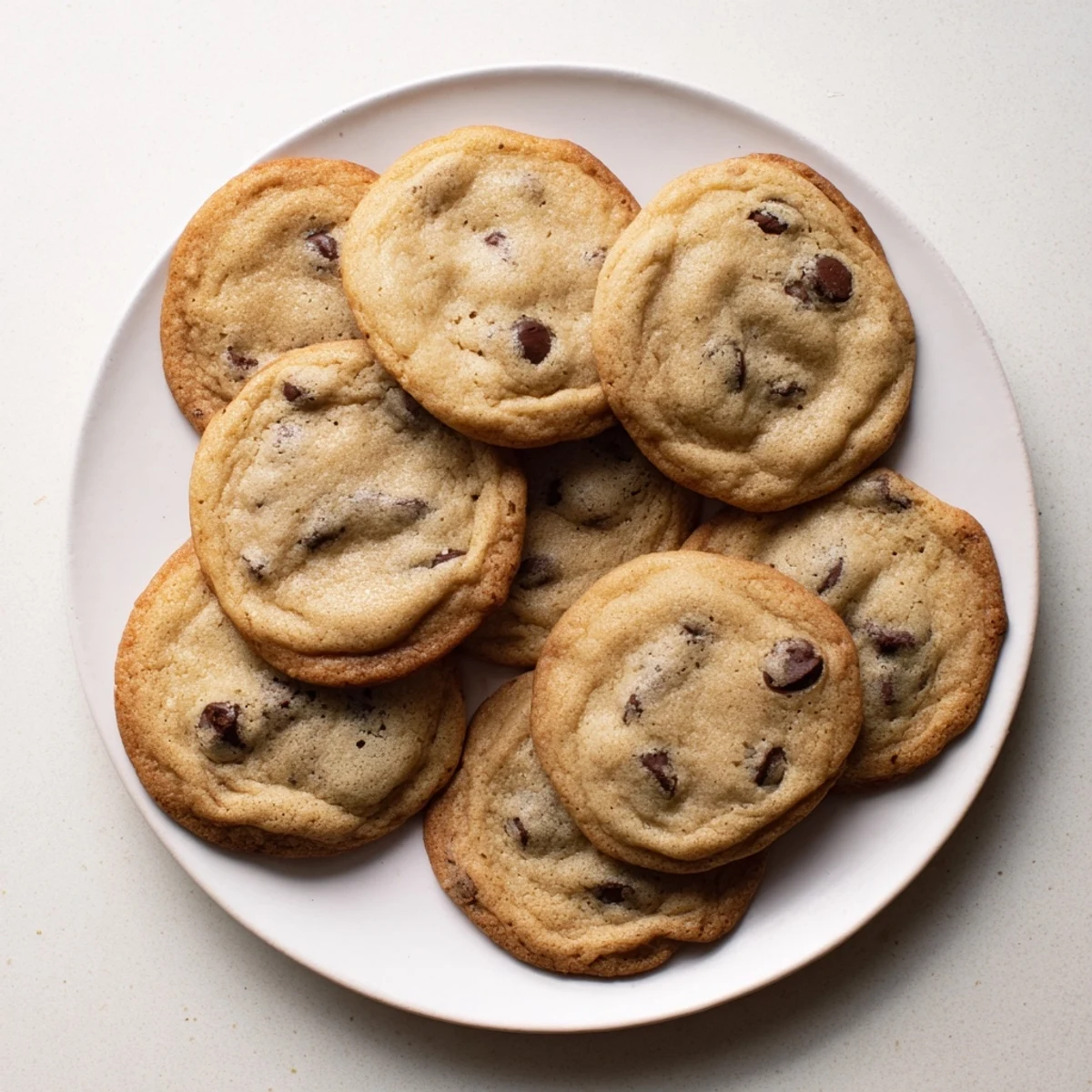 Golden chewy chocolate chip cookies fresh from the oven with melting chocolate puddles