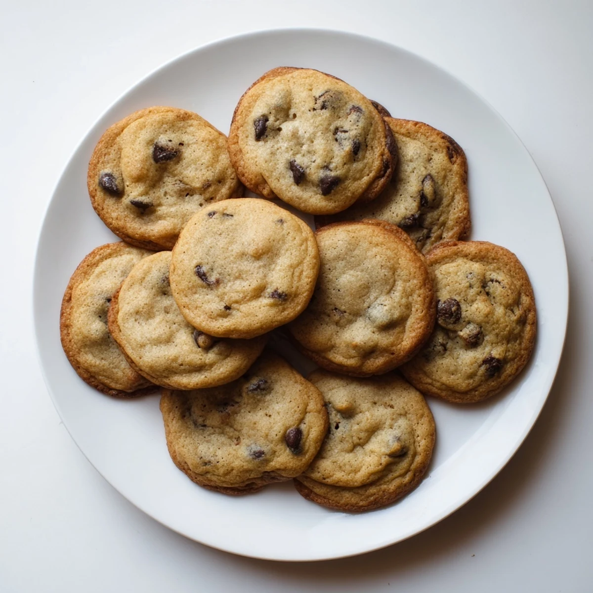 Warm chewy chocolate chip cookies with gooey centers displayed on wooden cooling rack