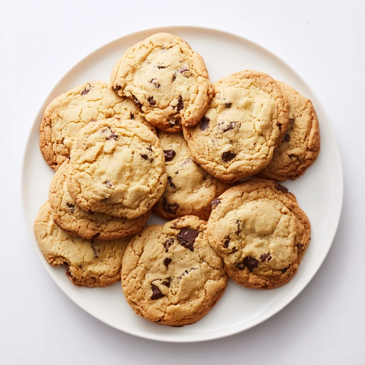 Stack of soft homemade chewy chocolate chip cookies dusted with light sea salt