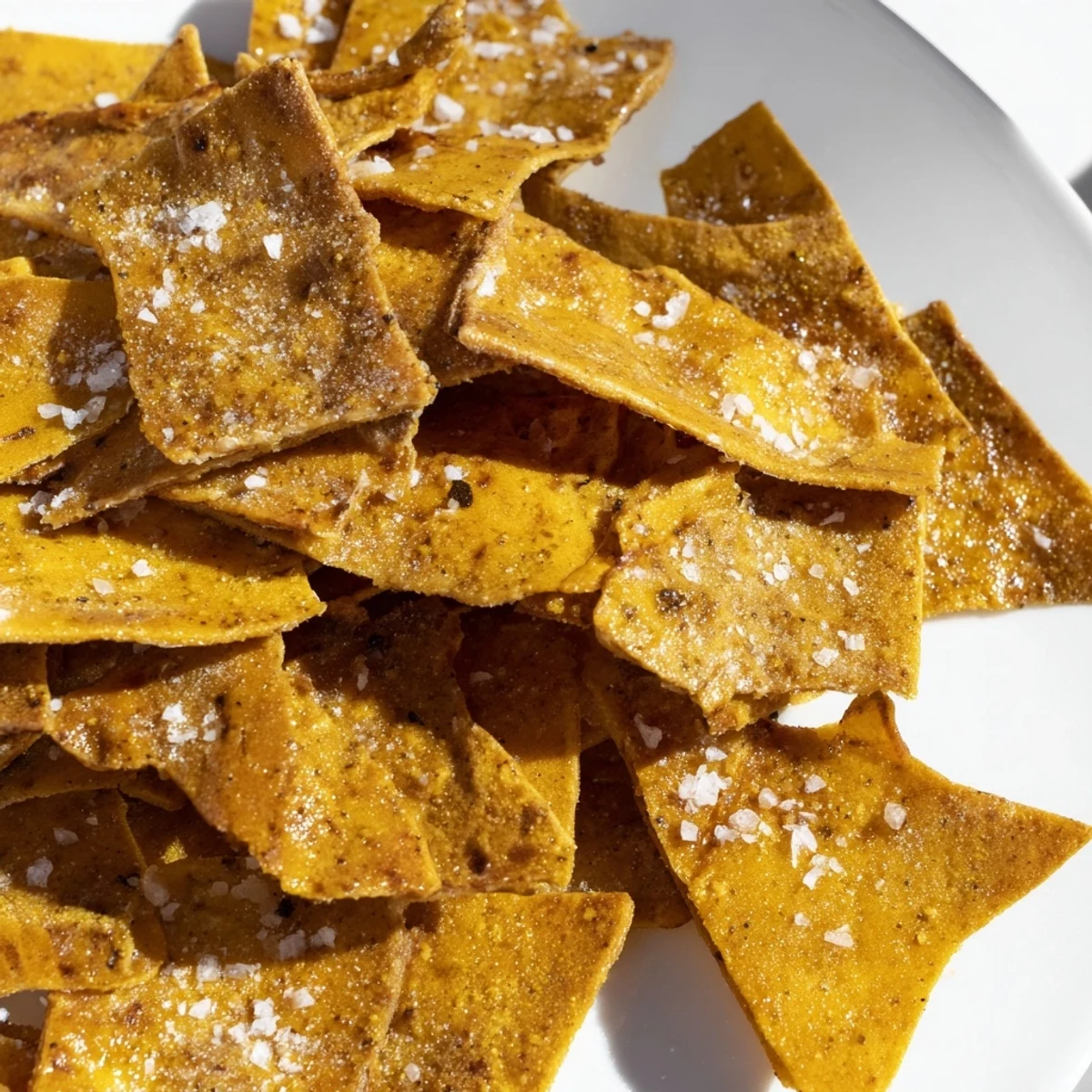 Golden crispy chickpea chips arranged on a wooden board with a side of hummus for dipping
