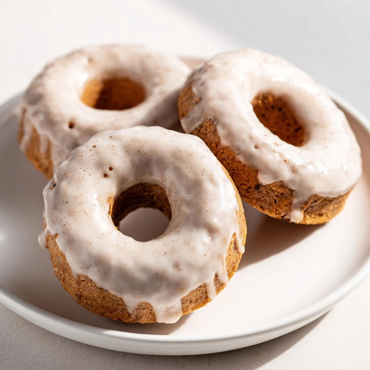Fluffy banana bread donuts with cinnamon sugar coating arranged on a white serving plate