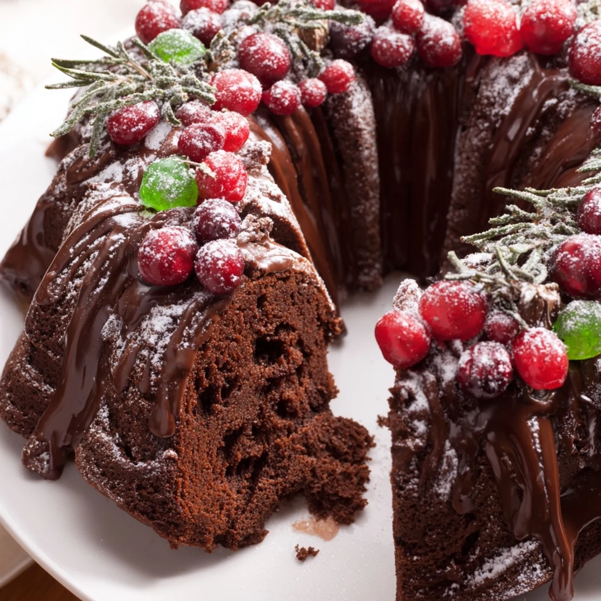 Festive Chocolate Bundt Cake Christmas Wreath garnished with candied cherries and rosemary sprigs