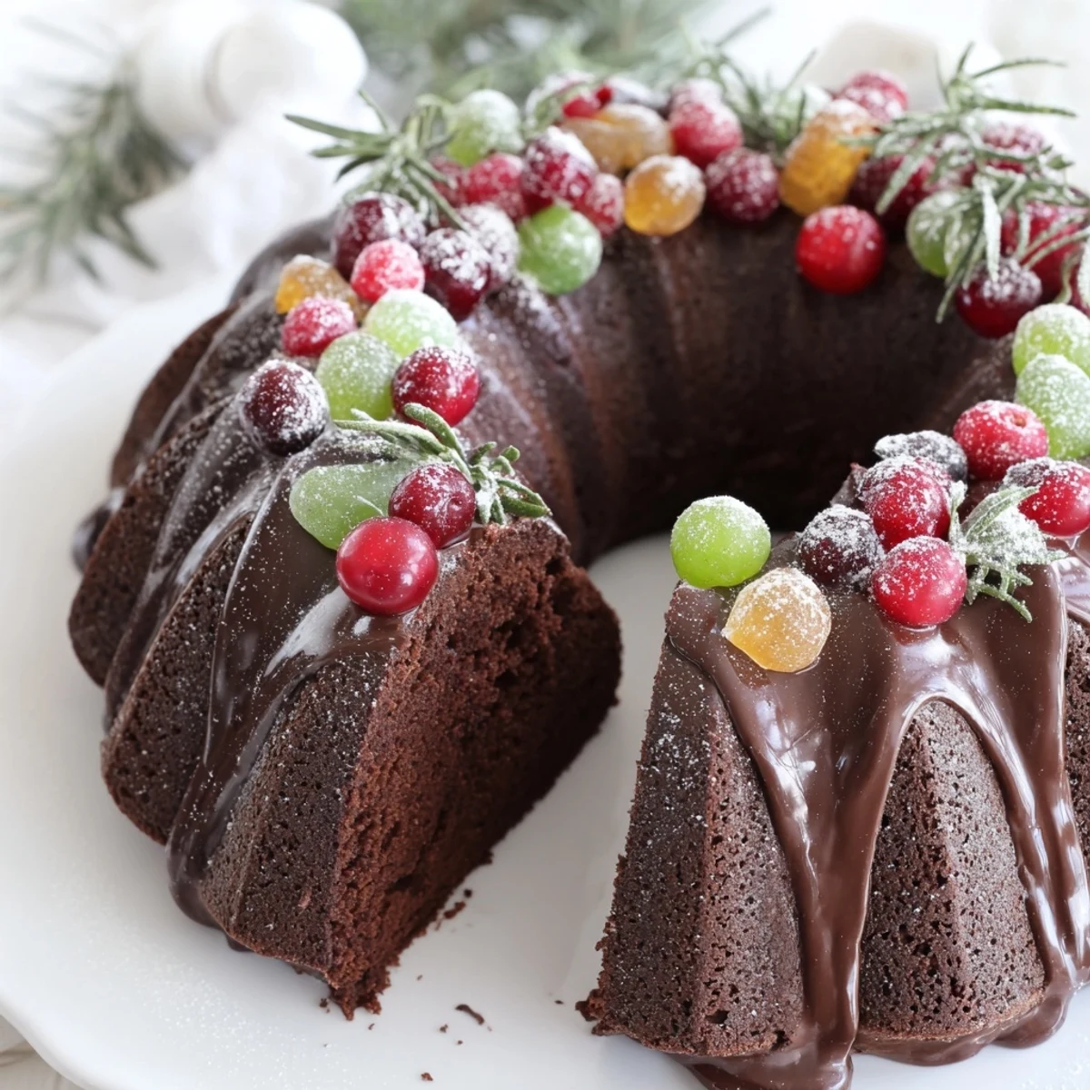 Chocolate Bundt Cake Christmas Wreath dusted with powdered sugar, glossy ganache drizzle