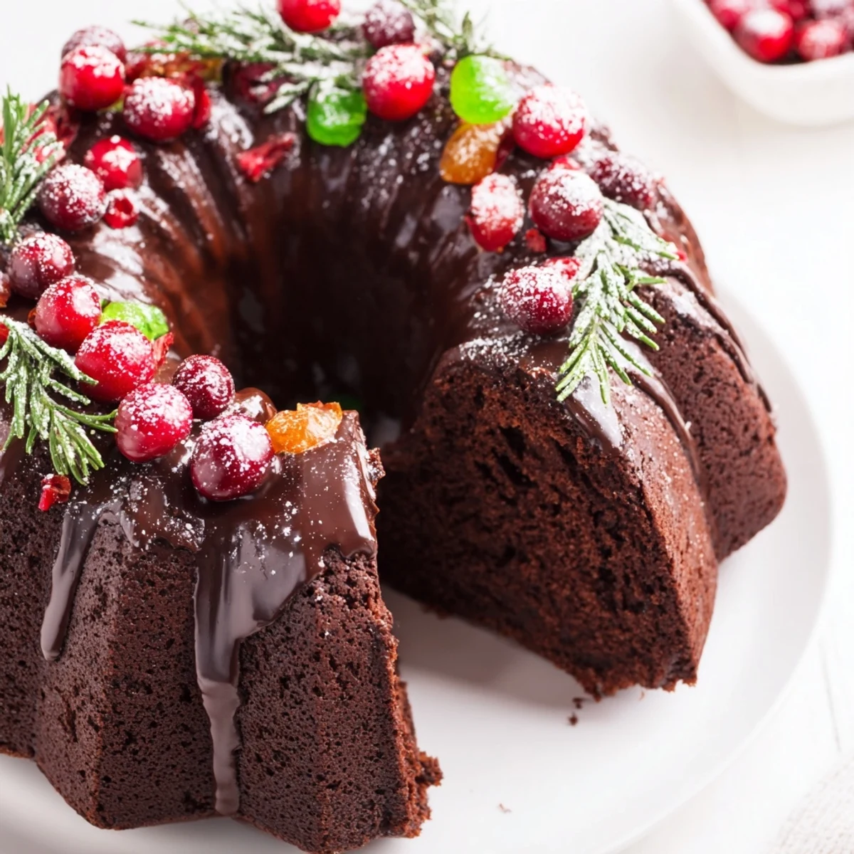 A moist Chocolate Bundt Cake Christmas Wreath on a wire rack, ready to slice