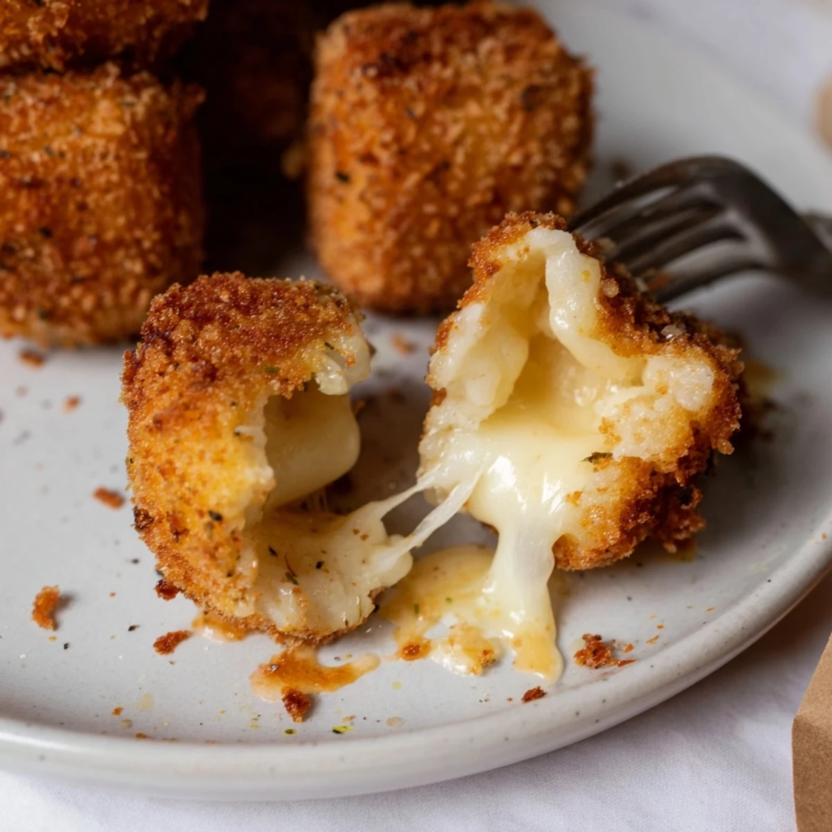Warm plate holds Irresistible Crispy Mozzarella Poppers With Maple Glaze, drizzled and ready