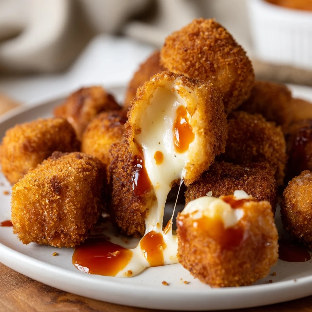 Irresistible Crispy Mozzarella Poppers With Maple Glaze, golden crust and gooey cheese pull