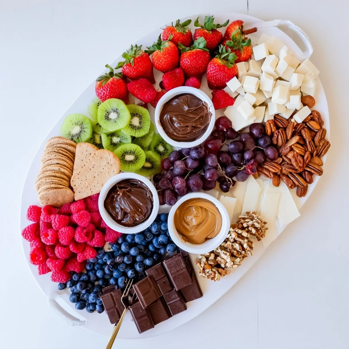 Festive Dessert Charcuterie Board arranged for sharing, juicy berries, crunchy pecans, chocolate.