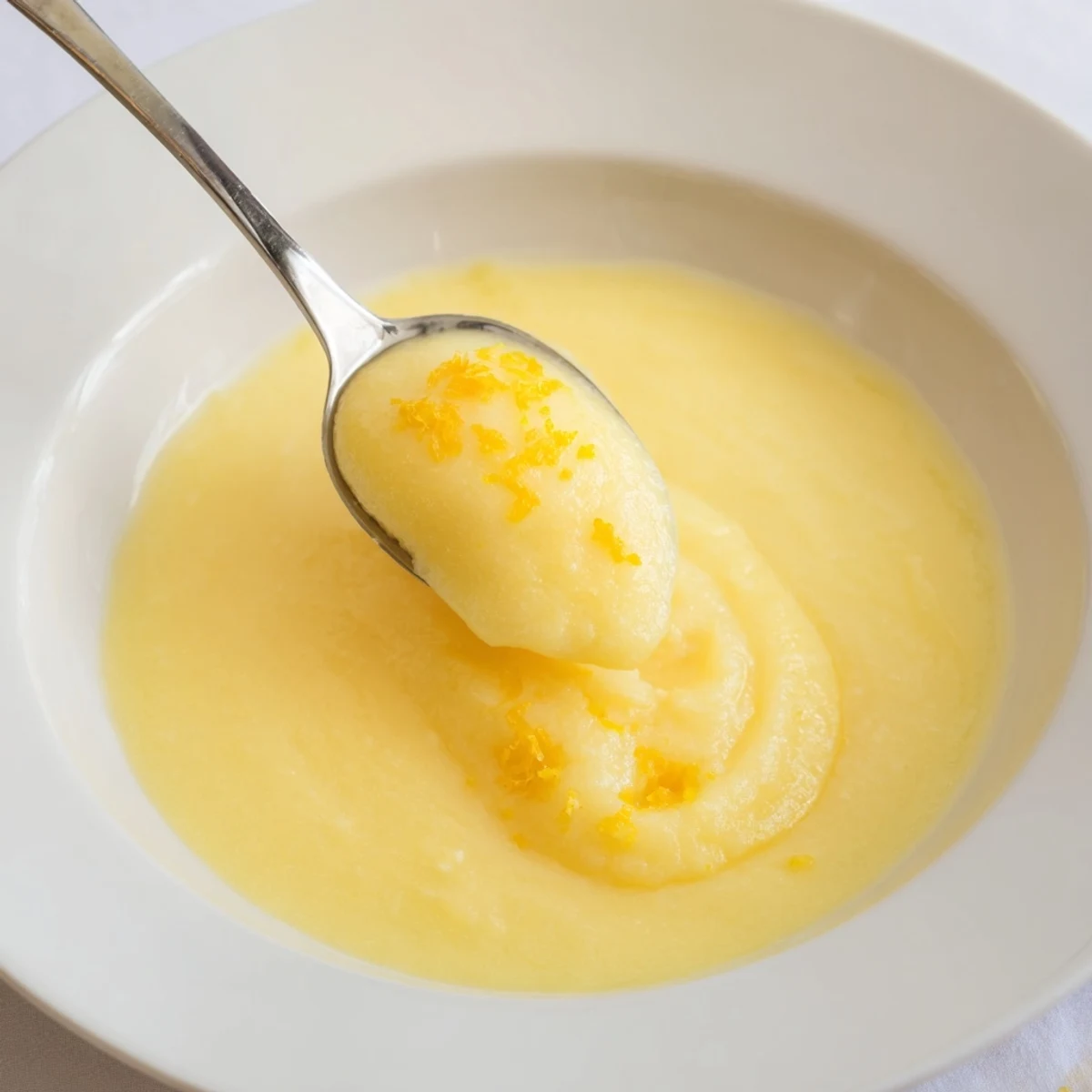 Warm Homemade Lemon Curd thickened in a double boiler, whisked until silky