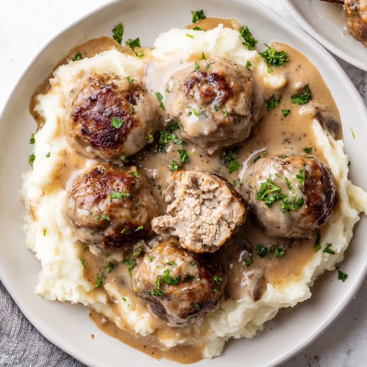 Slow-simmered Crockpot Meatballs Gravy coating egg noodles, creamy mushroom-scented comfort.