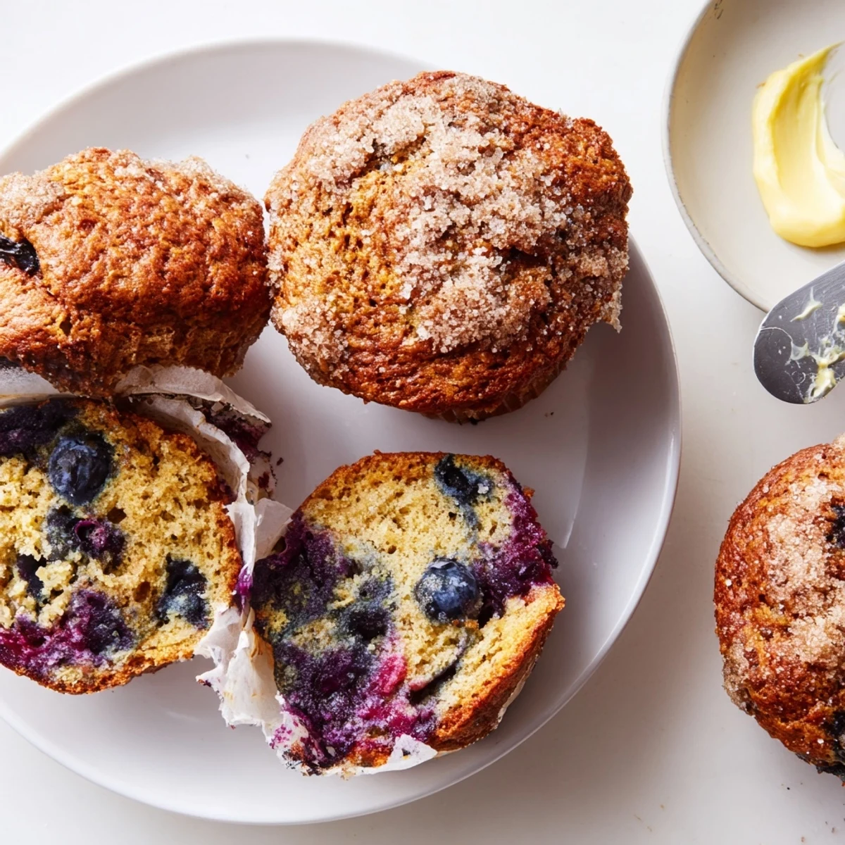 Blueberry Banana Muffins with golden tops, juicy berries, warm from oven.