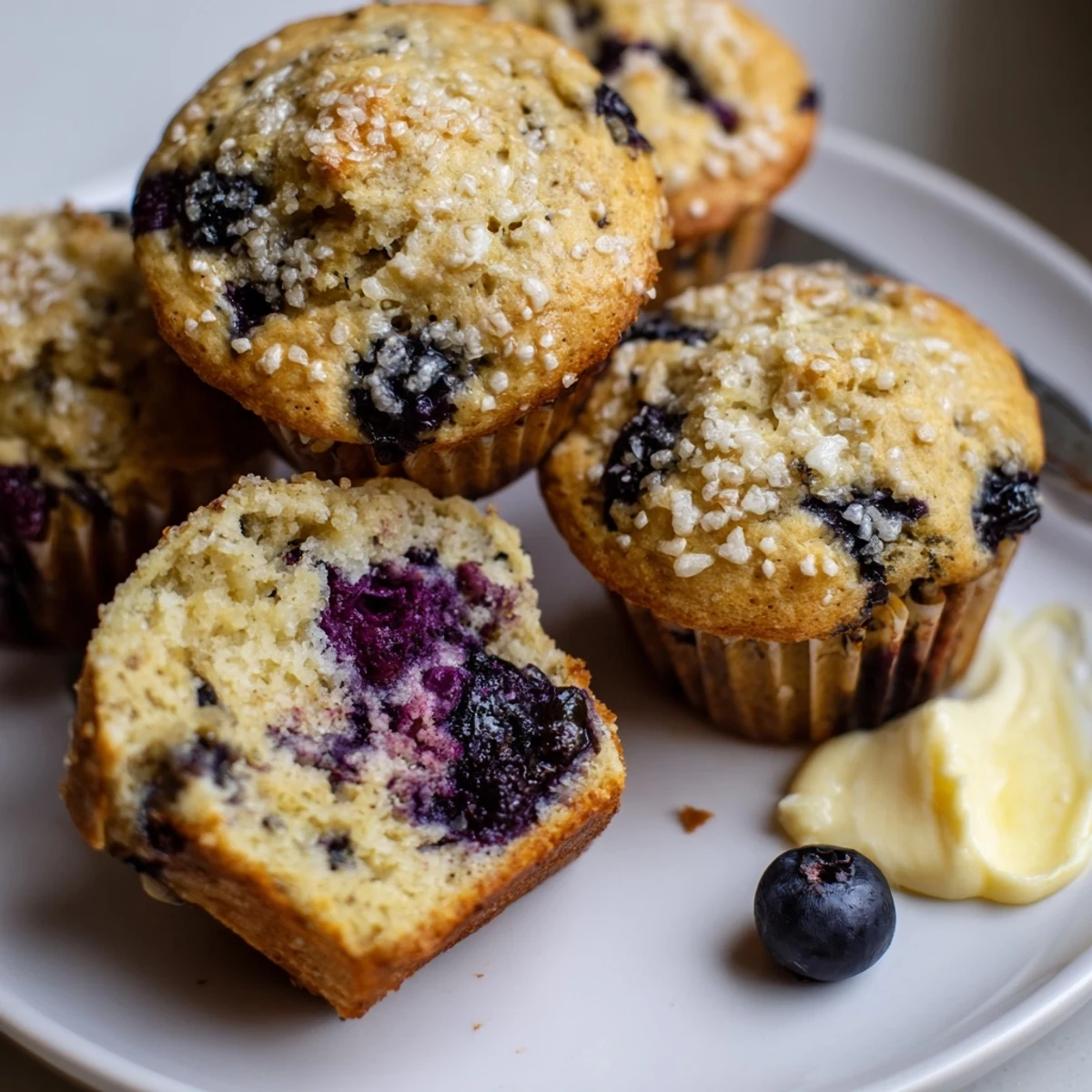 Fresh Blueberry Banana Muffins steaming on rack, slathered with melting butter.