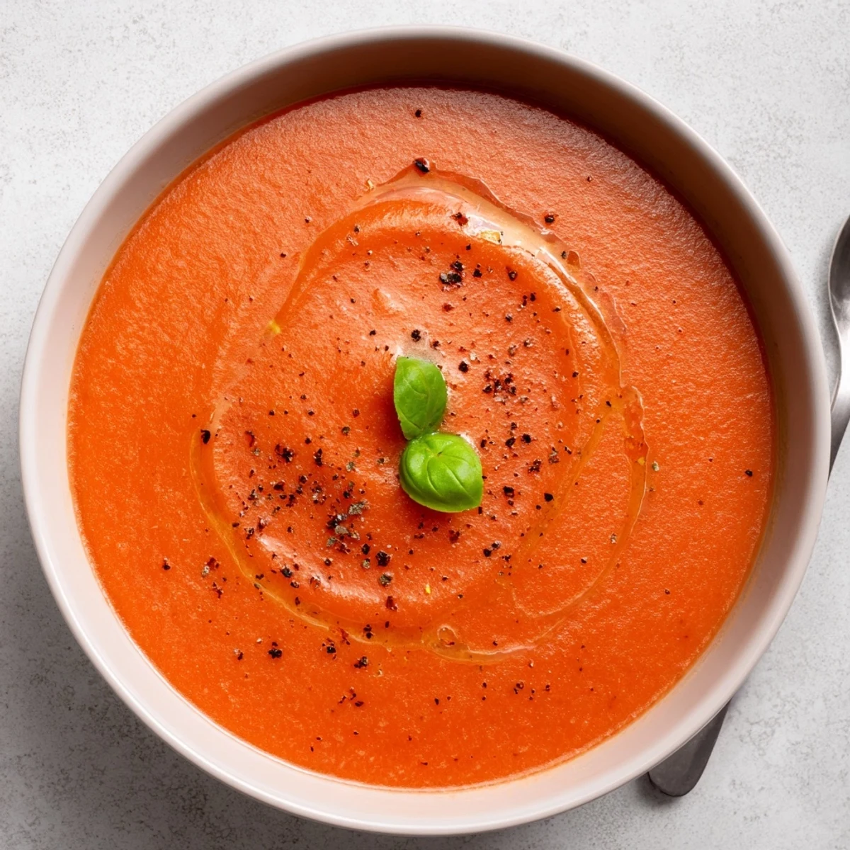 Creamy Tomato Soup steaming in a bowl, garnished with fresh basil.