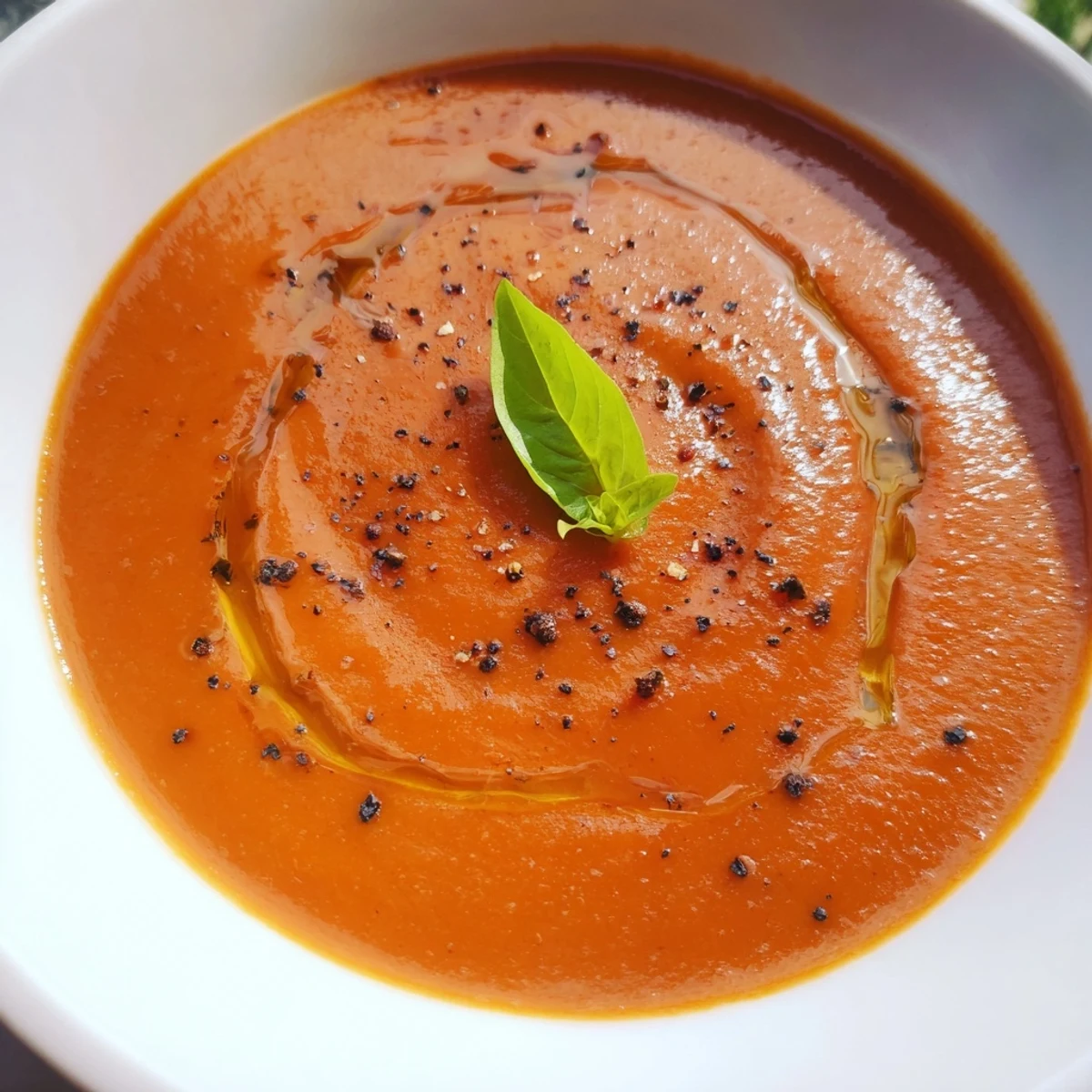 Homemade Tomato Soup blended silky smooth, served with crusty bread slice.
