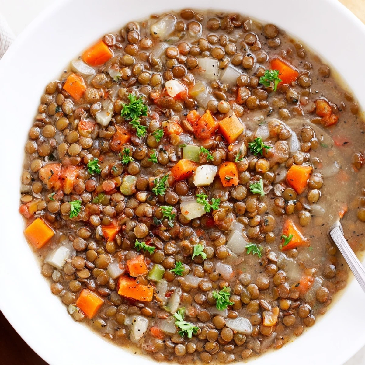 Hearty Lentil Soup steaming in a bowl, aromatic spices and parsley garnish