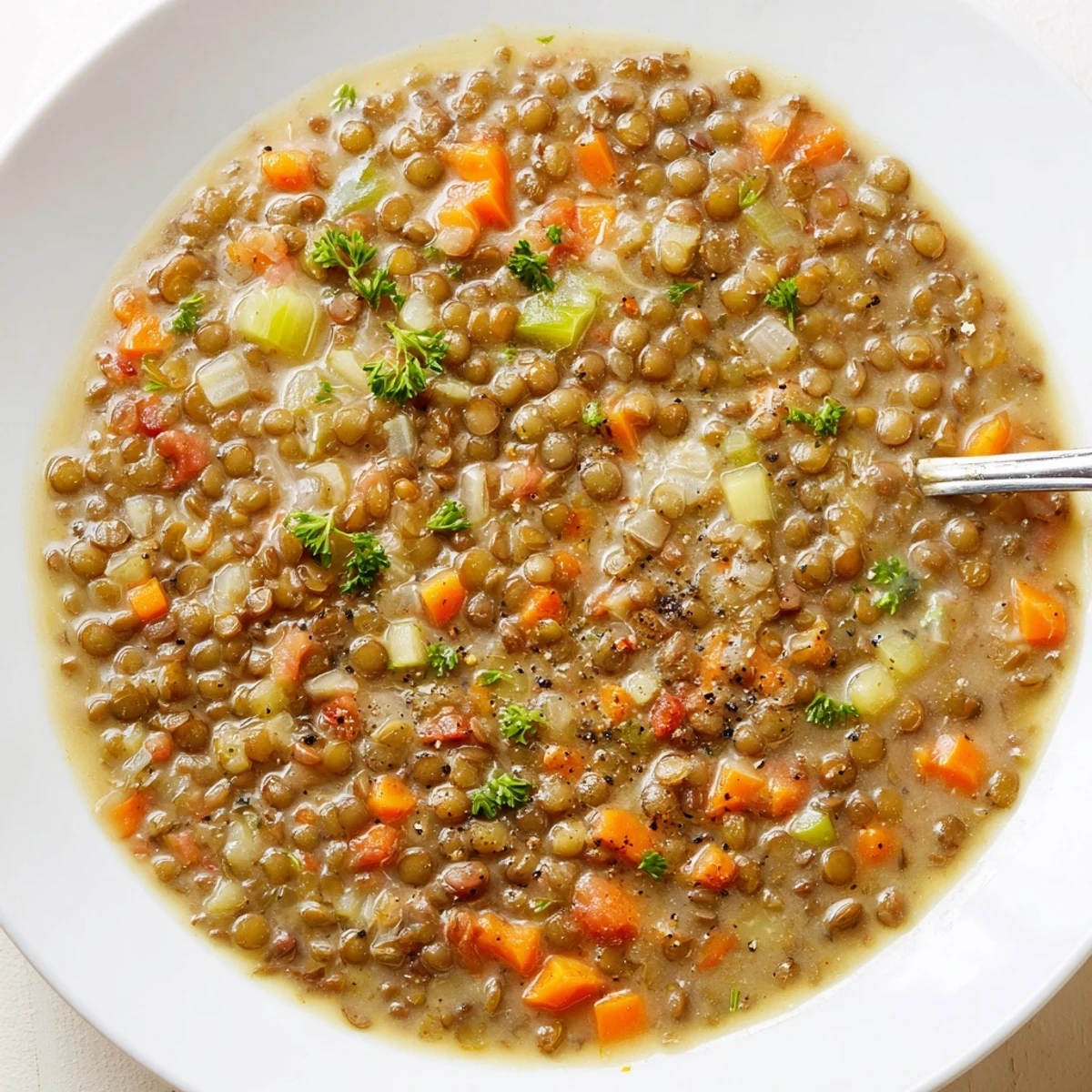Slow-simmered Lentil Soup with rich broth, cumin aroma and ready spoon