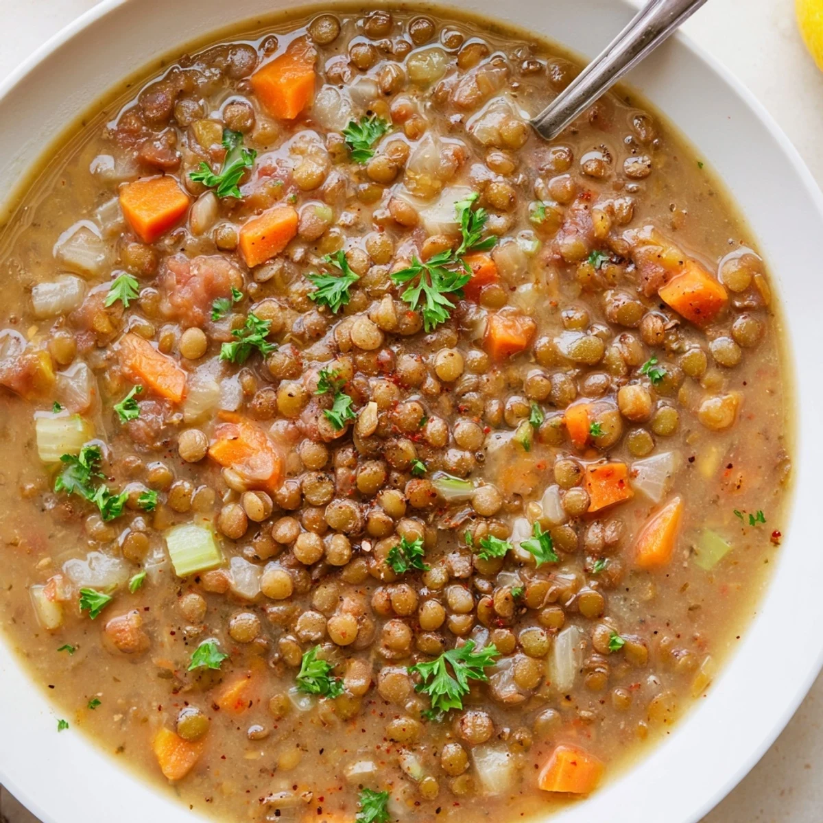 Warm Lentil Soup with lemon brightness, chunky vegetables and crusty bread
