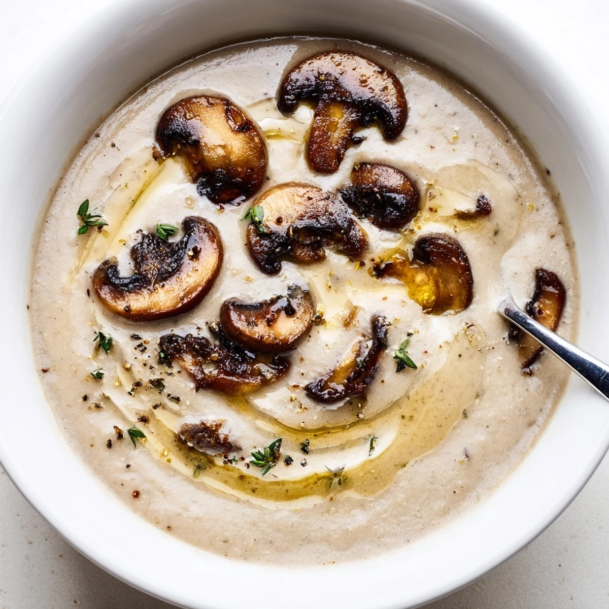 Creamy Mushroom Soup steaming in a bowl, browned mushrooms and parsley
